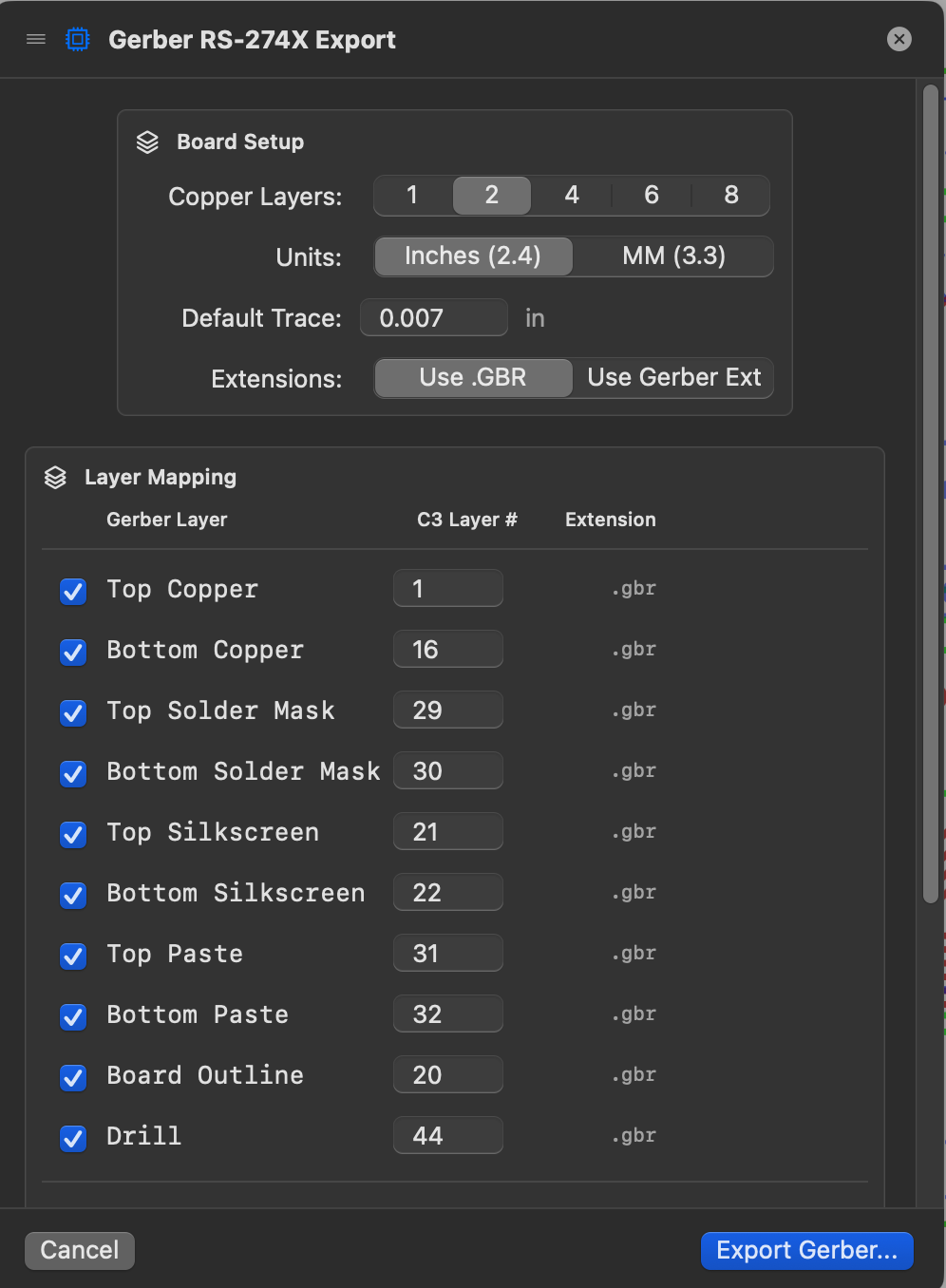 CADD300 Modern Gerber RS-274X Export dialog showing Board Setup with copper layers, units, and default trace width, plus Layer Mapping table with 10 Gerber layer types, C3 layer numbers, and file extensions